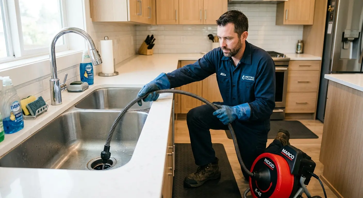 Drain cleaning technician using a motorized snake on a kitchen sink in Madison