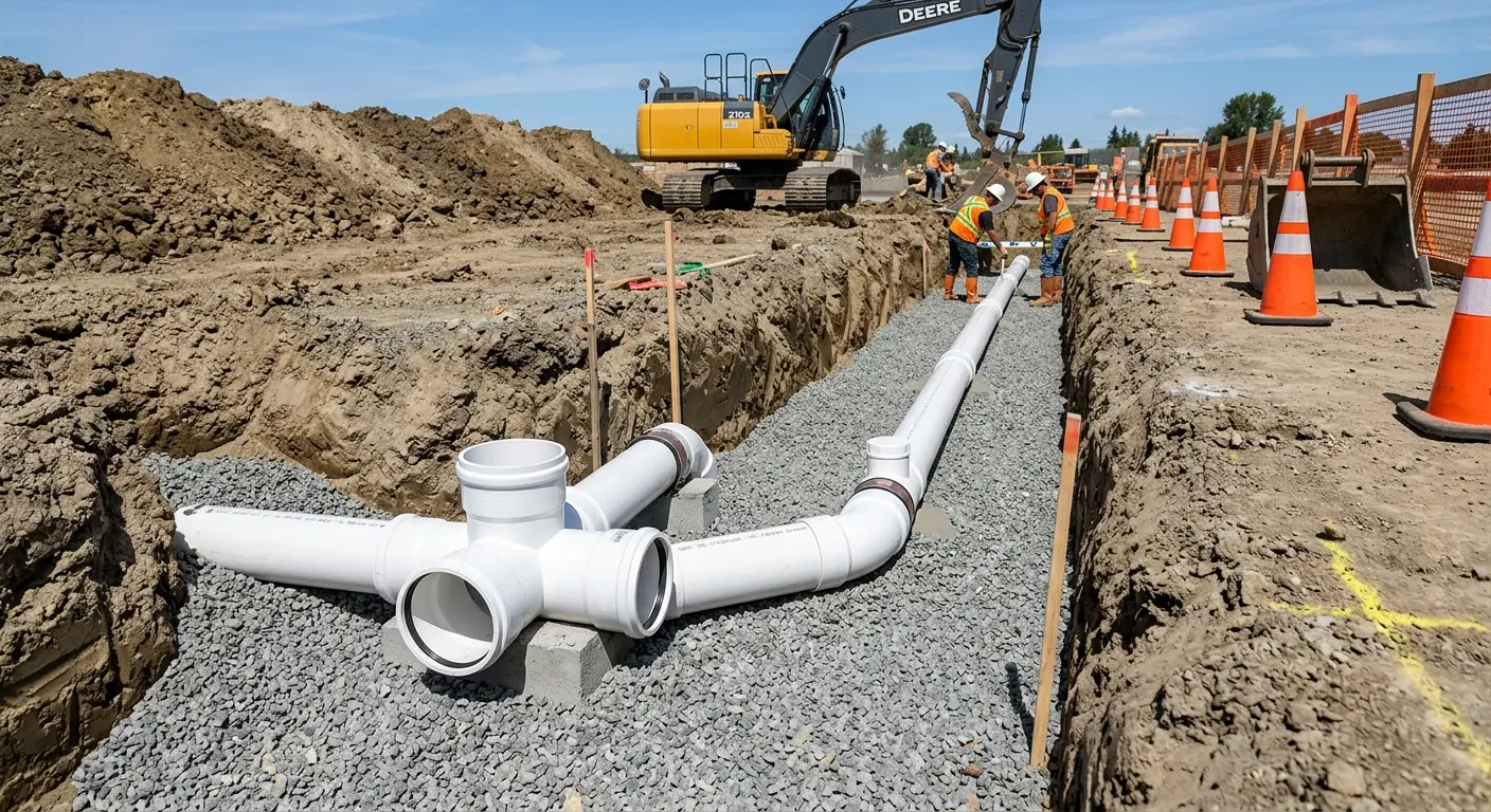 New PVC sewer pipe installation in open trench for Commercial Drain Cleaning in Madison