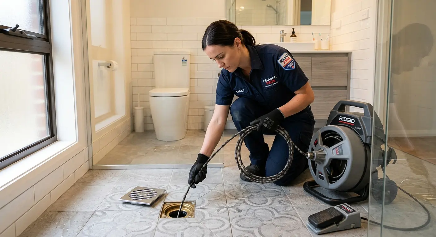 Technician clearing a bathroom floor drain for Sewer Line Replacement in Madison